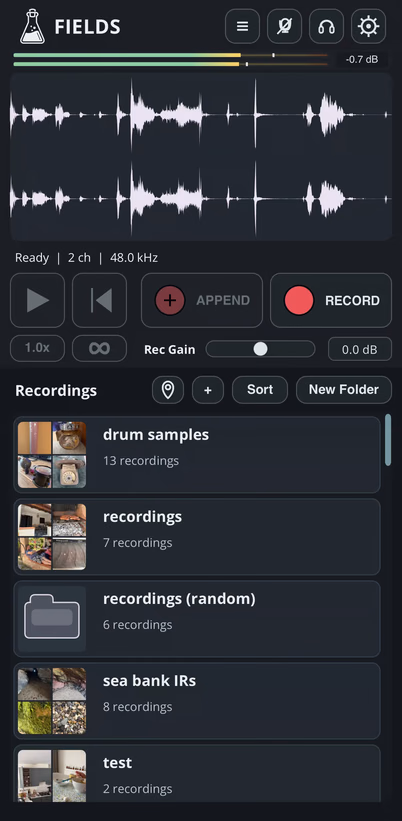 Fields audio recorder app on iPhone