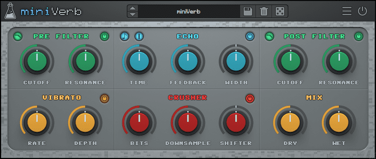 miniVerb - 8bit & Chiptune Echo Reverb Plugin - GUI