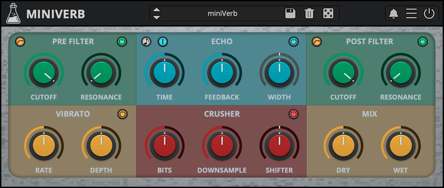 miniVerb, 8bit and Chiptune Echo Reverb Plugin - GUI
