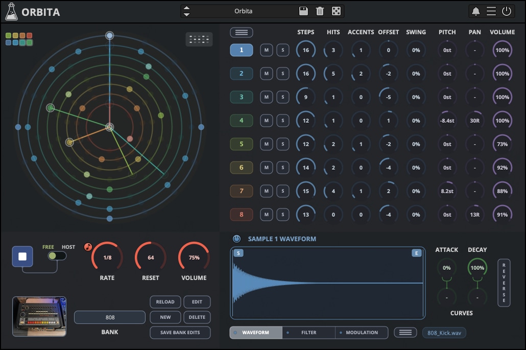 Orbita, Euclidean Rhythm Drum Machine Plugin (VST, AU, AAX, iOS)