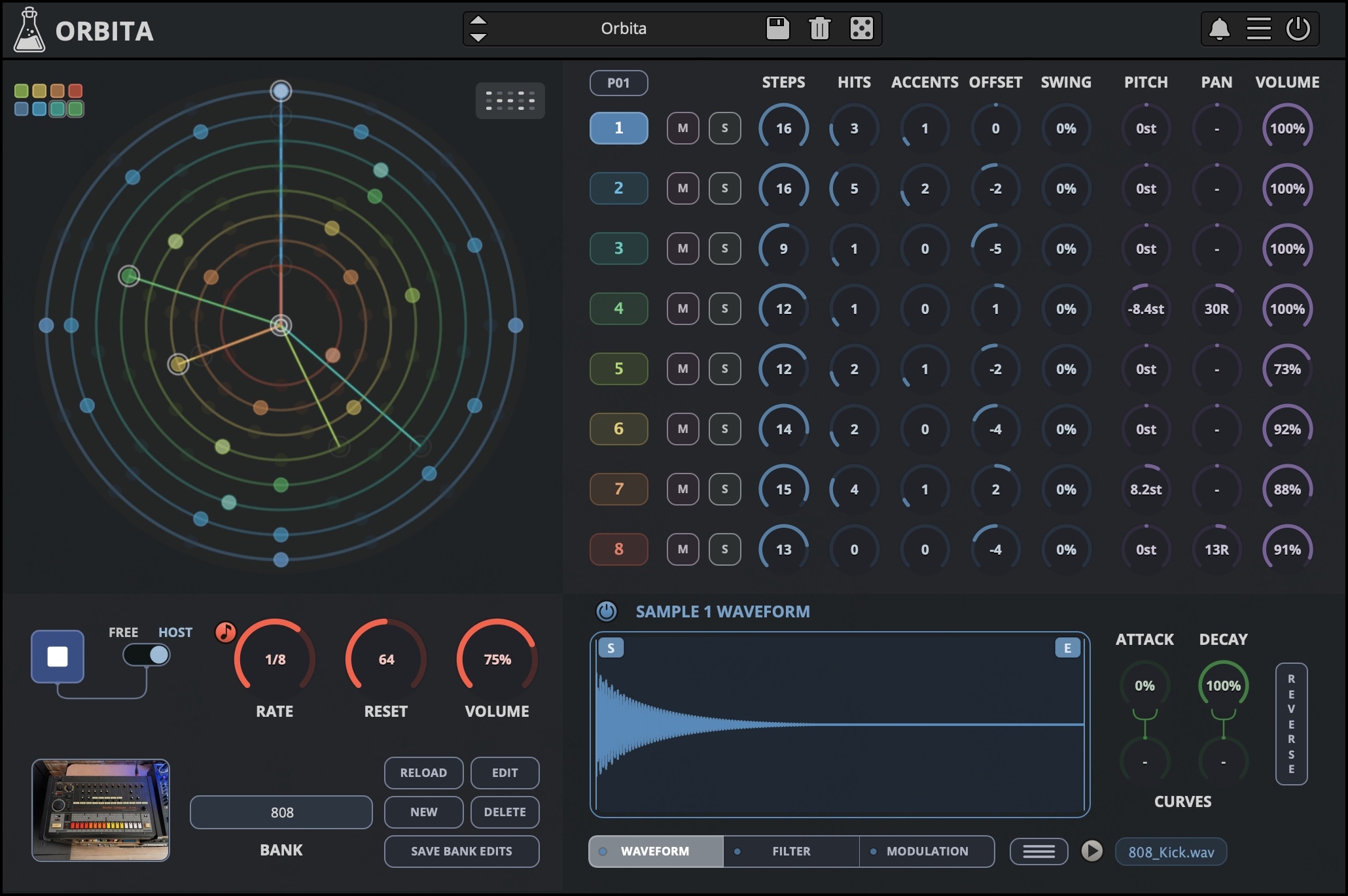 Orbita Euclidean drum machine plugin interface